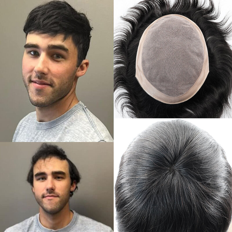 Toupee For Men Hair Piece Fine Mono Lace Hair Replacement System European Human Hair Mens Toupee Durable NPU Around Hair System