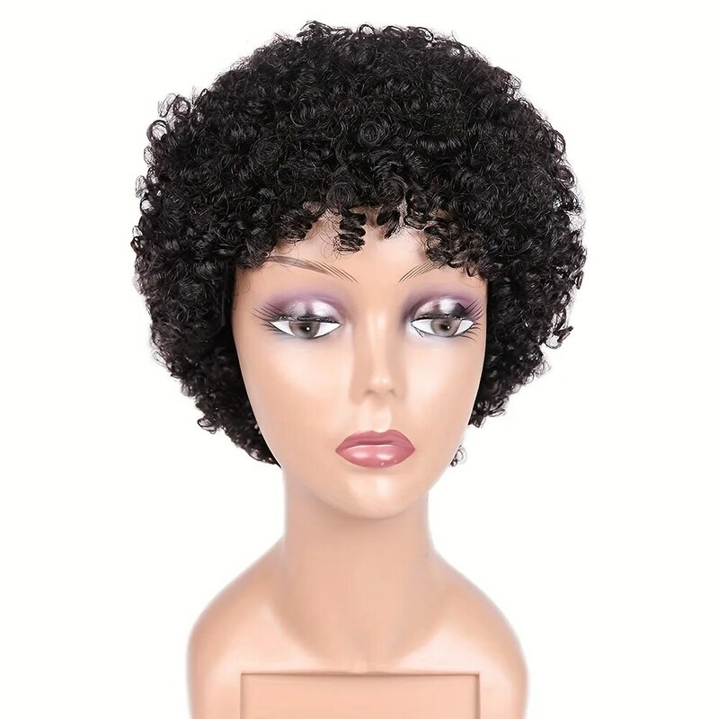 4 "krótki Afro perwersyjne kręcone ludzkie włosy peruki z grzywką fryzura Pixie peruki czarne Afro peruki z kręconymi włosami dla kobiet naturalne ludzkie włosy peruki