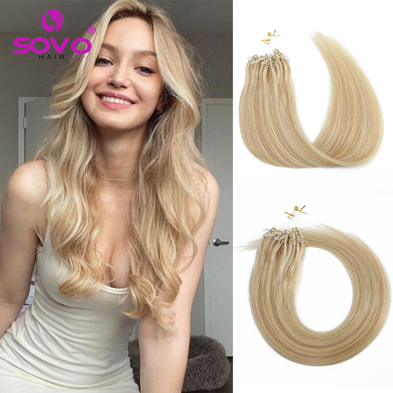 Micro-Lus Human Hair Extensions Steil Natuurlijk Haar Micro Kralen Ringen Europees Haar Highlight Balayage Blonde 100 Strengen