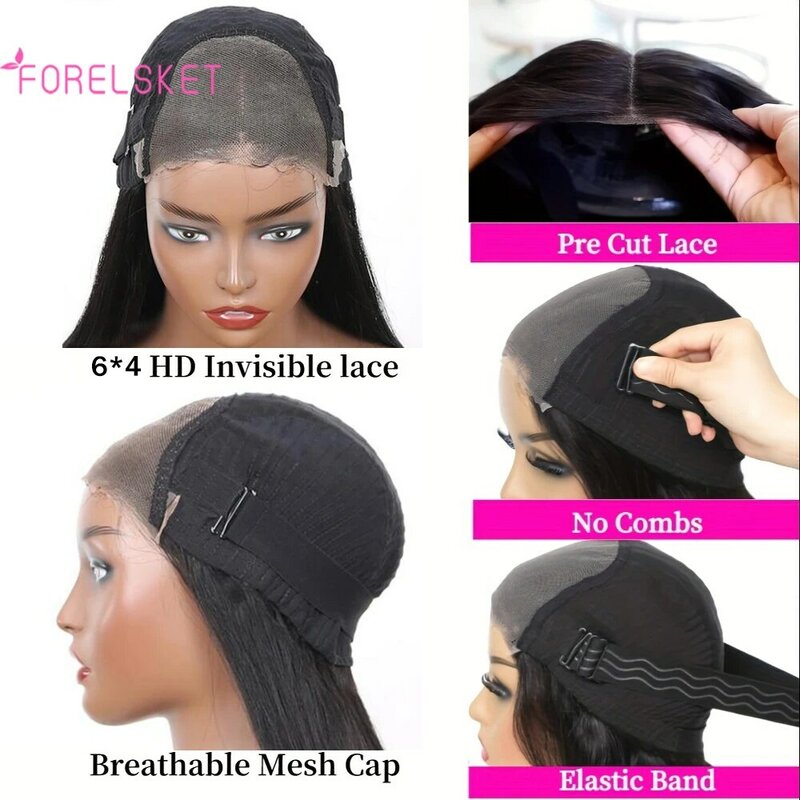 FORELSKET Wig Bob HD elegan, wig Bob renda HD siap pakai 150% rambut manusia padat, lurus & digunakan dan dipakai tanpa lem gelombang Wig
