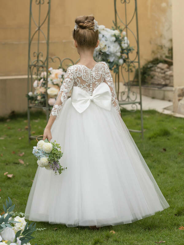 Crew Neck Tulle Flower Girl Dresses With Applique & Satin Bowknot For Wedding and Birthday Party Dress