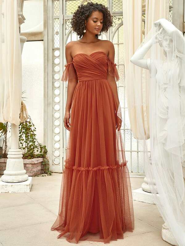 Off the Shoulder Sweetheart Prom Dress Long Pleated Tulle Elegant Evening Dresses A-line Ruffles Sleeves Bridesmaid Dress