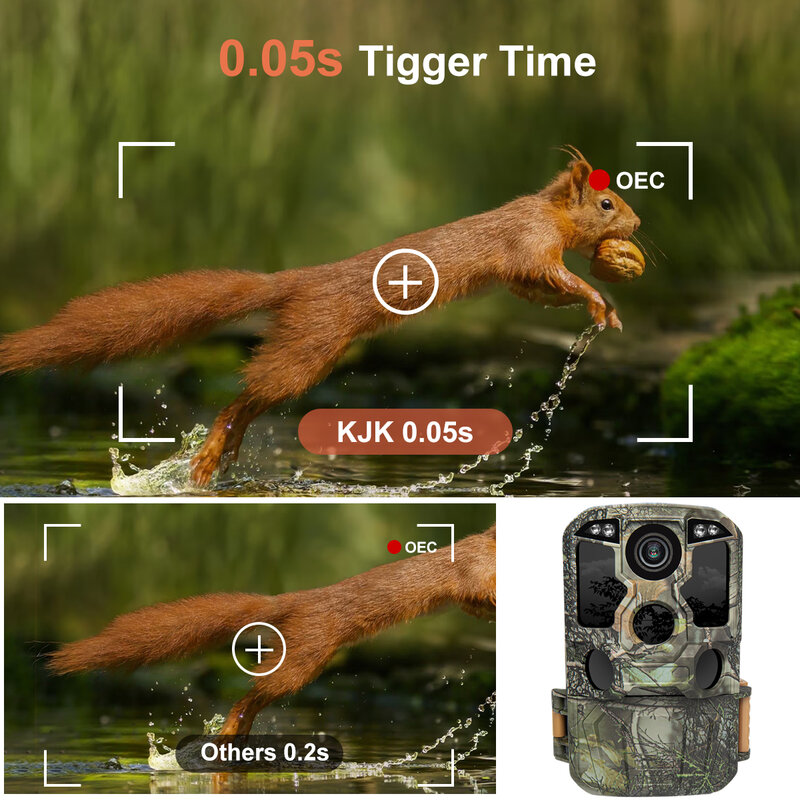 กล้องทหารพรานไวไฟ4K 48MP อินฟราเรดการมองเห็นได้ในเวลากลางคืน0.05วินาทีเปิดใช้งานการเคลื่อนไหวกับดักภาพสัตว์ป่า IP67กล้องป่ากันน้ำ