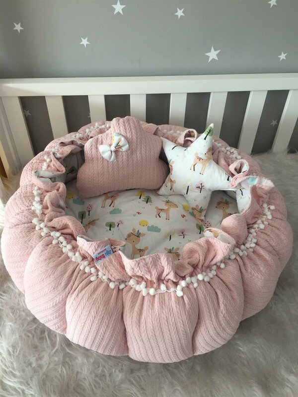 Handmade Pink Knitted and Deer Pattern Combination Design Retractable - Collapsible Play Mat Baby Nest