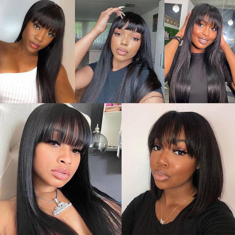 Straight Human Hair Wig With Bangs Brazilian Fringe Full Machine Made Wig 3x1 HD Lace Wear And Go Glueless Straight With Bangs