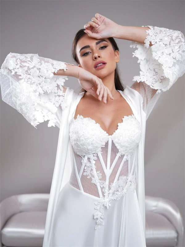 Real Photos Elegant Long Sleeves With Beaded Appliques Bride Robe For Wedding Bridal Shower Dress Women Night Gwons 2024