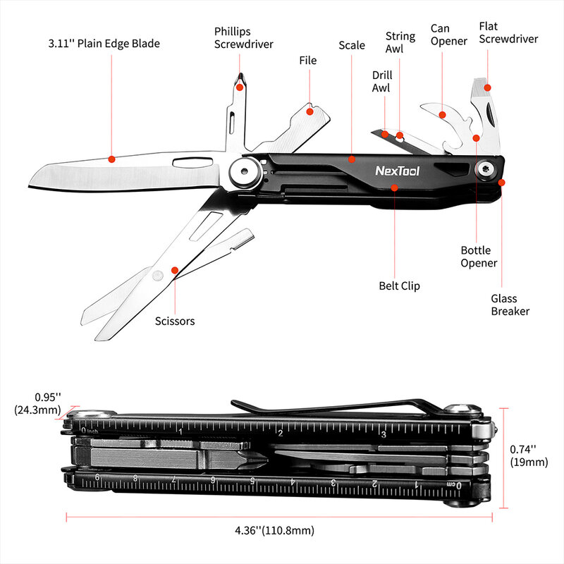 Nextool pisau multifungsi 12 In 1, pisau alat saku multifungsi luar ruangan, pisau lipat Mini Portabel
