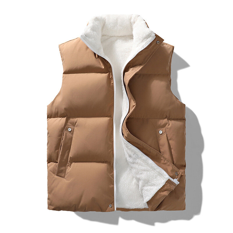 Nieuwe Winter Vesten Mannen Fleece Warm Mouwloze Jas Casual Heren Solid Vest Dikke Mode Stand Kraag Rits Vest Uitloper