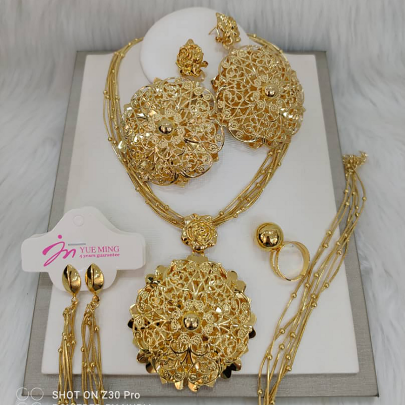 금도금 꽃 주얼리 여성용, 웨딩 목걸이 및 귀걸이, 뱅글 링, 신부 주얼리 세트, 두바이 아프리카 파티 선물