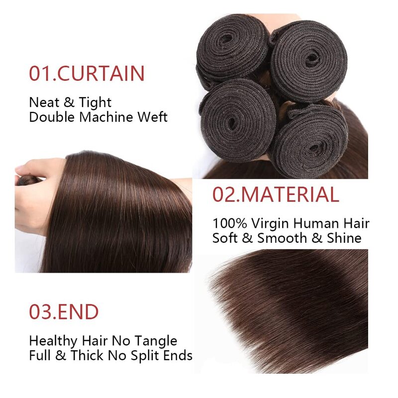 Pacotes de cabelo humano virgem brasileiro, Pacotes retos com Frontal, 13x4 HD Frontal, Brown #4 Color, 3 Pacotes