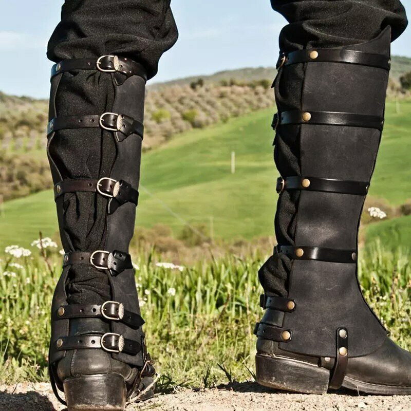 Medievale Steampunk ecopelle ghetta regolabile armatura gamba cavaliere vichingo copriscarpe moto per uomo donna Larp Cosplay