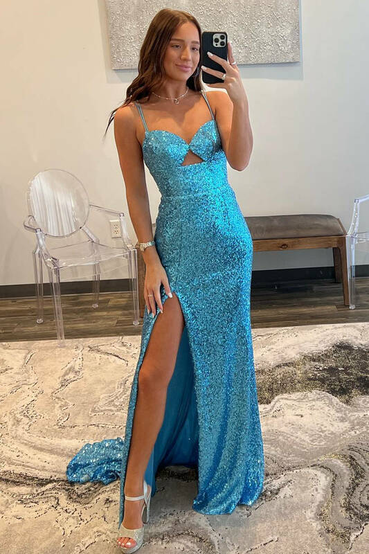 Sparkly Long Mermaid Sequin Prom Dresses For Women Cut Out Spaghetti Strap Formal Evening Party Gowns With Split