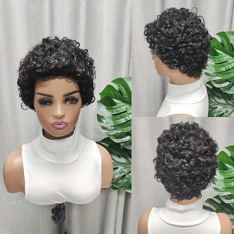 Peluca de corte Pixie para mujer, cabello humano rizado, hecho a máquina, ONDA DE AGUA 180D, pelucas cortas brasileñas