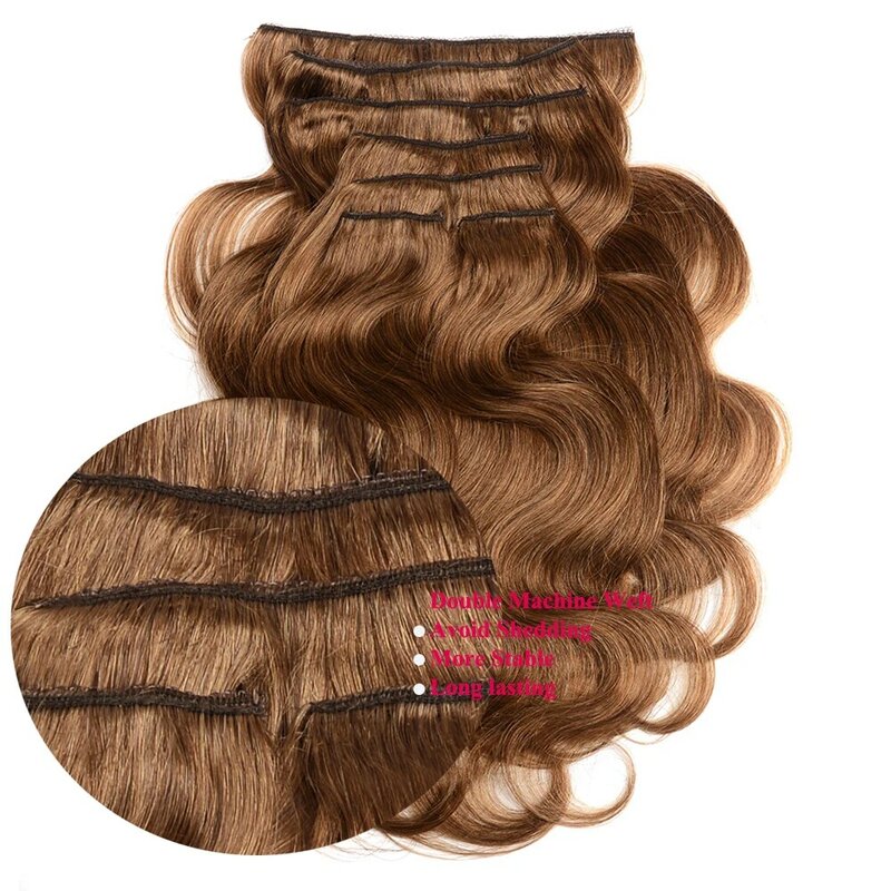 Honey Brown 8# Body Wave Wavy Curl Clip In Hair Extensions 100% Brazilian Human Hair Clips on Double Weft Durable Hairpieces
