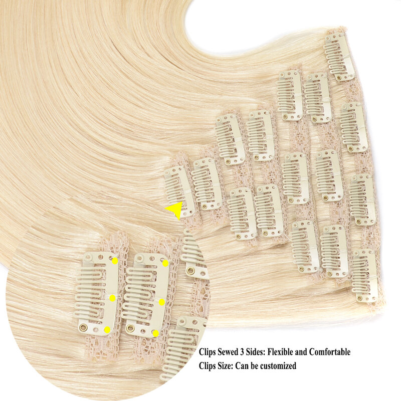 As extensões reais européias do cabelo humano de Remy grampam Ins, louro do descorante, natural, 110-200g, 14 a 24, 60 #