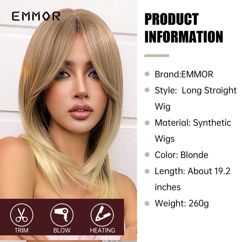 Synthetic Blonde Straight Natural Wigs Medium Length Layered Wig with Bangs Cosplay Daily Party Heat Resistant Fiber Hair