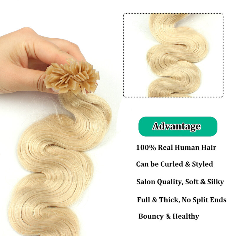 Lovevol 50pcs/ 50G Set Body Wave Flat Tip Hair Extensions Natural Real Human Hair Extensions Keratin Pre Blonde Color 14-24inch