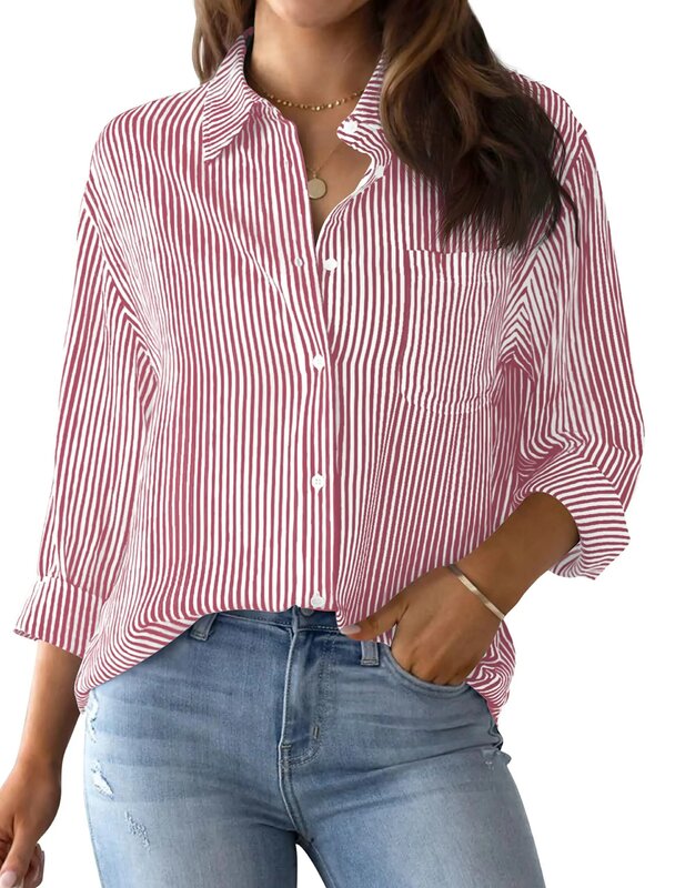 Blusa de manga longa feminina, camisa listrada rosa, estampa clássica, botão, casual, sem bolsos, camisa básica diária, tops de outono e inverno, 2021