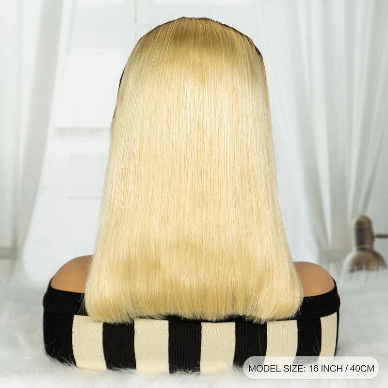 Perruque Bob Lace Front Wig Brésilienne Remy, Cheveux Courts, Lisses, Blond, Double Proximité, 13x4, Racines Brunes