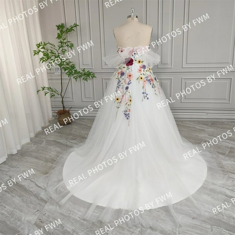 Vestido de noiva de renda com flores coloridas bordados para mulheres, fora do ombro, tule, linha A, vestido de noiva para festa, fotos reais, 12362