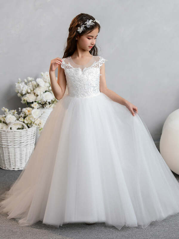 Белое Тюлевое платье с круглым вырезом и цветочным принтом для девочек, с аппликацией и атласным бантом, для свадьбы и дня рождения, женское платье