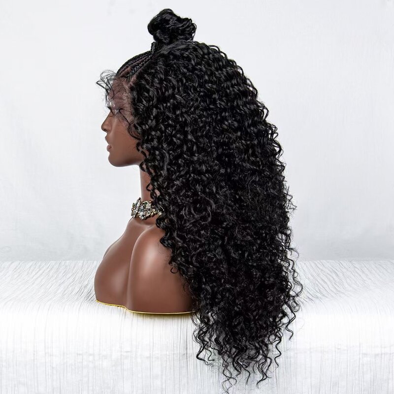 24 Inches Braided Curly Wigs Synthetic Hair Lace Front Wigs with Bun Baby Hair Natural Hairline Curl Braids Wigs for Black Women