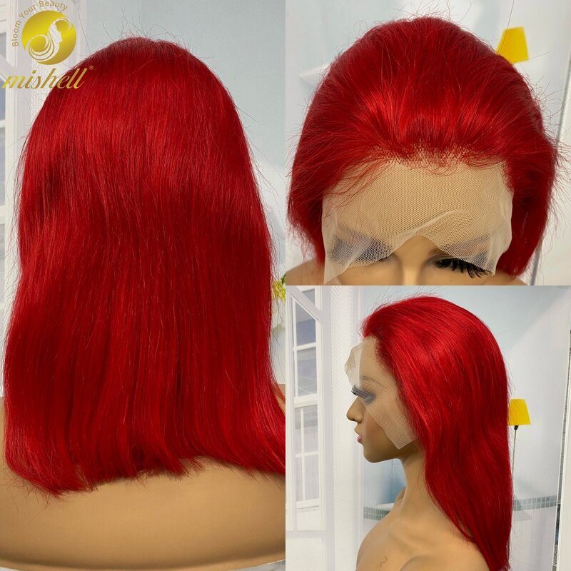 180% gęstość czerwony prosty Bob peruki z ludzkich włosów 13x4 przezroczyste koronkowe przednie krótkie peruki dla kobiet brazylijskie wstępnie oskubane włosy Remy