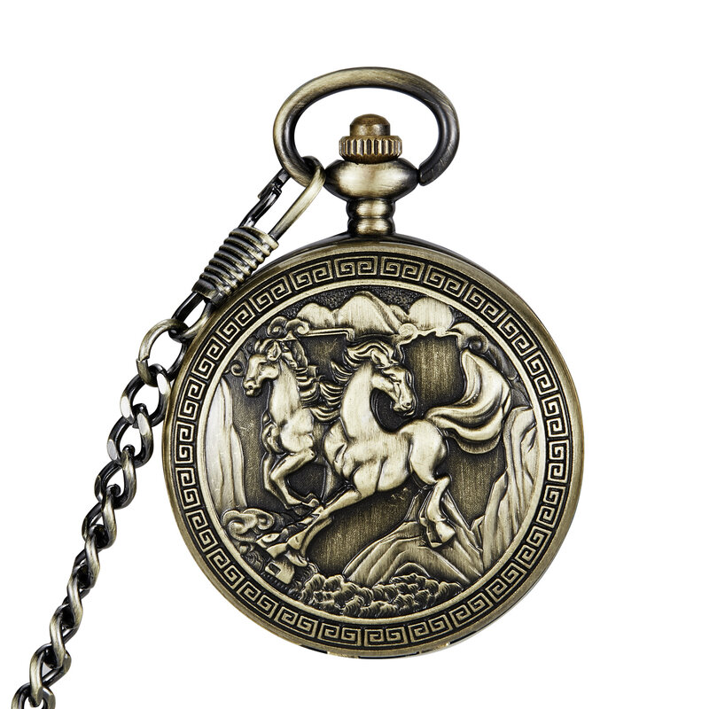Механические карманные часы в ретро-стиле с бронзовым 3d-изображением лица лошади, цепочка с подвеской в виде охотника, сувенир, подарок на день рождения для мужчин, женщин и детей