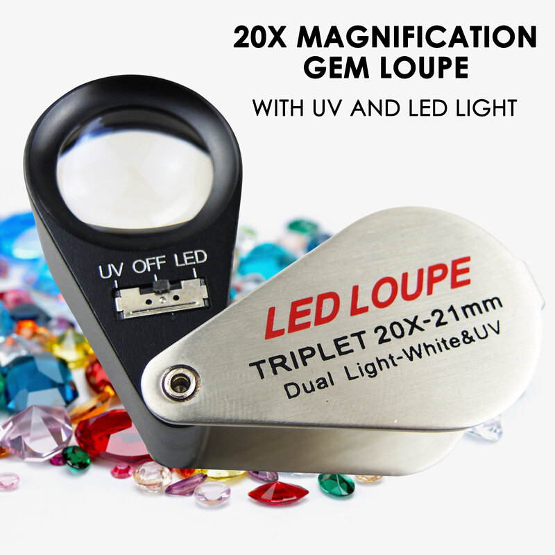 Kaca pembesar Mini perbesaran 20X, kaca pembesar perhiasan dengan LED dan lampu UV lensa Triplet lensa akromatik koin mata uang stempel pembuatan jam