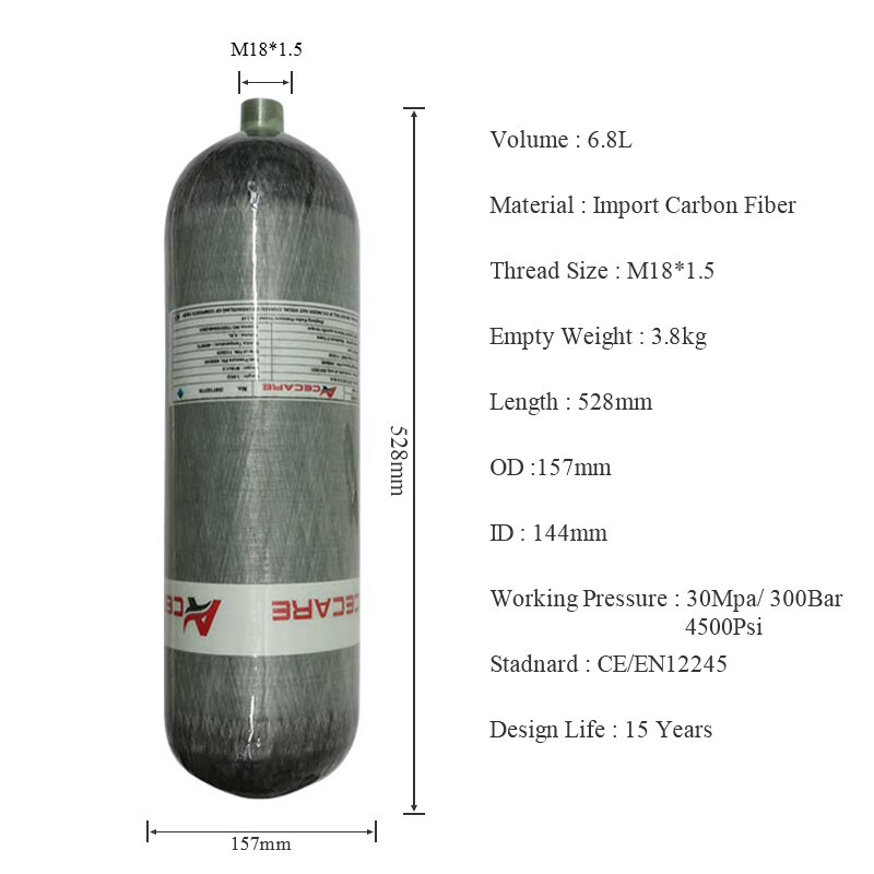 Acecare-Fibra De Carbono Mergulho Cilindro, alta Pressão Scuba Tanque, Válvula Estação de Enchimento, M18 x 1.5, 6.8L