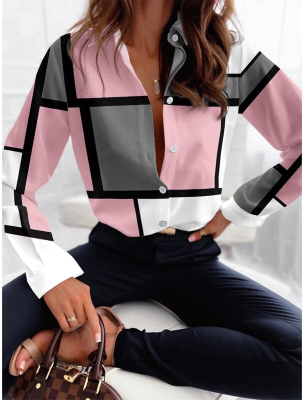 Blusa de manga comprida xadrez feminina, rosa, azul, roxo, botão estampado, camisa casual da moda regular, primavera e outono, nova