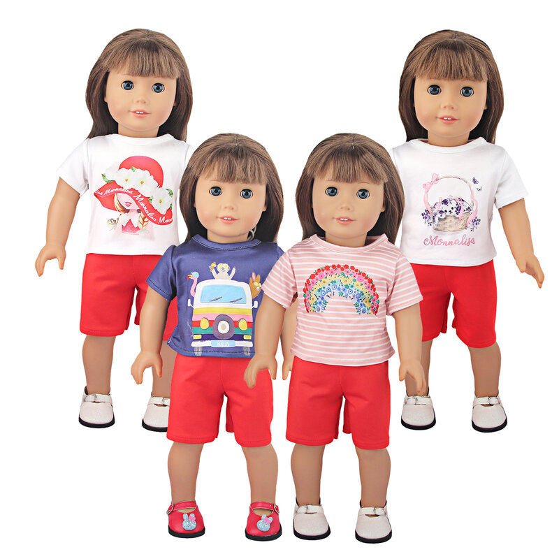 Kaus Lengan Pendek Katun untuk Boneka Pelangi Gadis 18 Inci Amerika, Mobil, Kucing, Kemeja Gadis Kecil untuk Mainan Boneka Baru Lahir & OG 43Cm