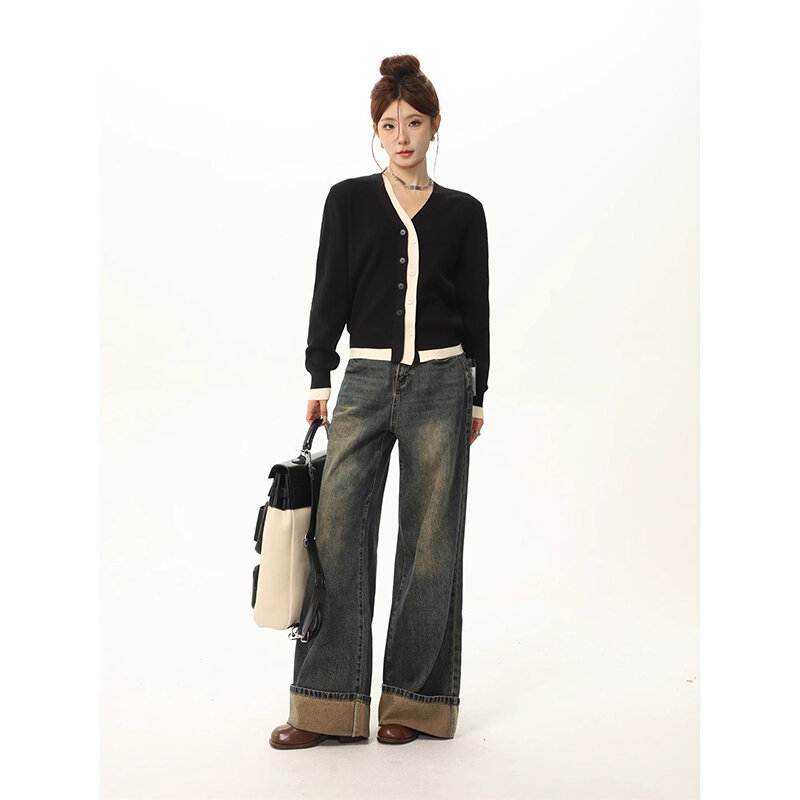 Женские винтажные джинсы с широкими штанинами, повседневные свободные прямые брюки с высокой талией и эффектом потертости, Осень-зима
