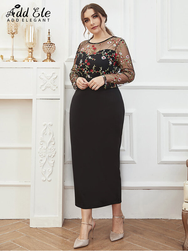 Add Elegant Plus Size Rear Slit Dress for Women Embroidery Patchwork O Neck Long Sleeve Female Clothing Slim Party Dresses B786