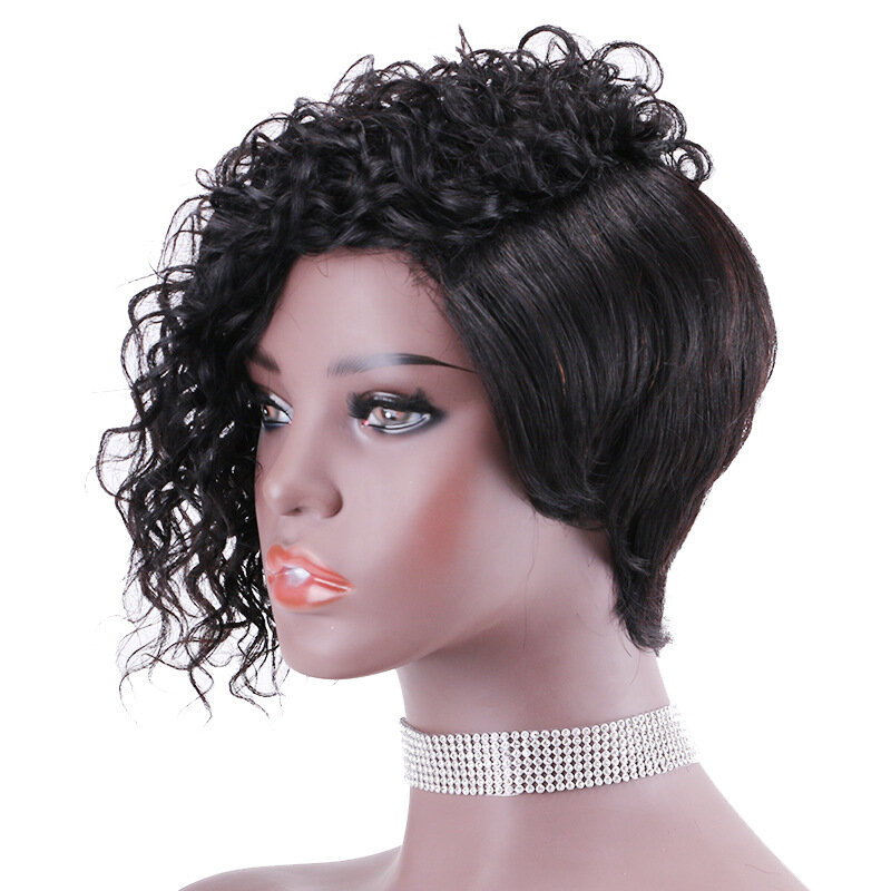 Peluca de cabello humano rizado de corte Pixie corto, hecha a máquina, con división lateral, 100% Remy, brasileño