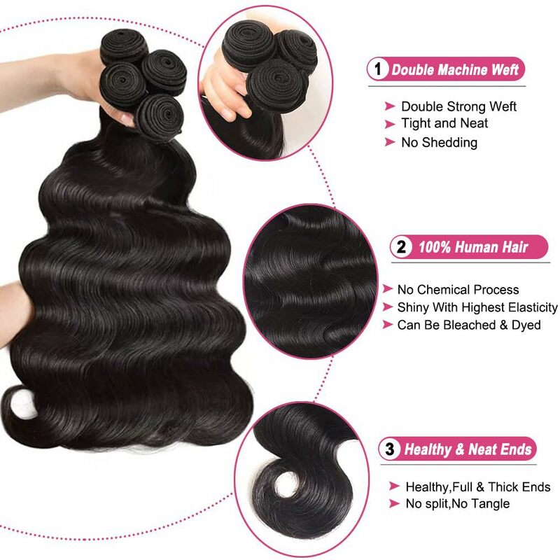 Body Wave Human Hair Bundles with Closure 100% Unprocessed Brazilian Virgin Human Hair Weave 3 Bundles with 13x4 HD Closure Hair