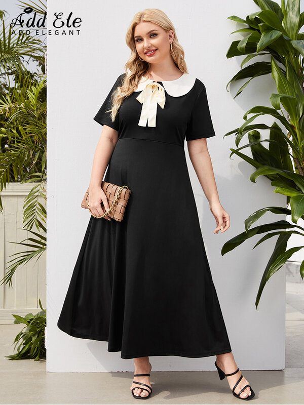 Add Elegant Summer 2022 Plus Size Women's Dresses Doll Collar Solid Bow Tie Short Sleeve Woman Sweet Slim A-LINE Midi Dress B159