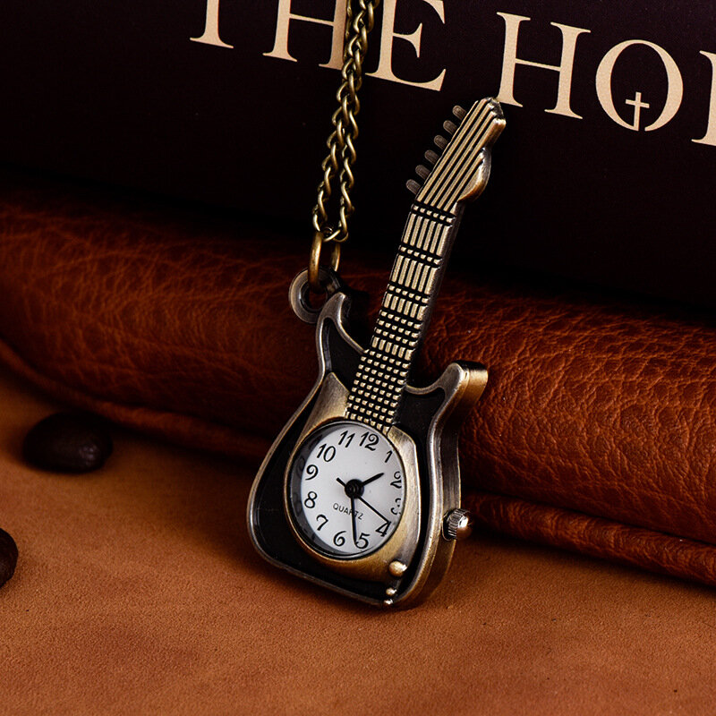 Vintage Small Dial kieszonkowy zegarek kwarcowy dla mężczyzn kobiety muzyka gitara na łańcuszku Fob naszyjnik zegar na prezent kolekcji