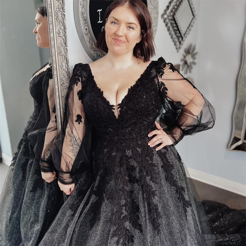 15996 # echte Fotos einzigartige schwarze Glitzer Tüll A-Linie Brautkleid für Party Frauen Braut Ballkleid mit Perlen Applikationen