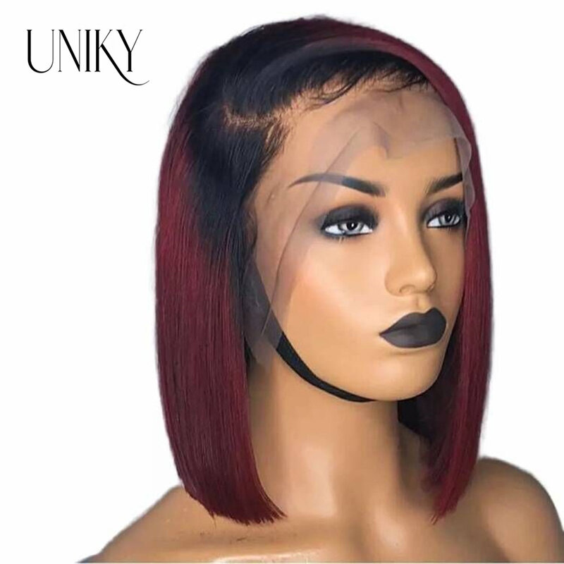 Ombre T1B/99J Bob Wig Human Hair Straight 13x4 transparent Lace Frontal Wig Middle Part Wig Short Bob Win Red Human Hair Bobwig