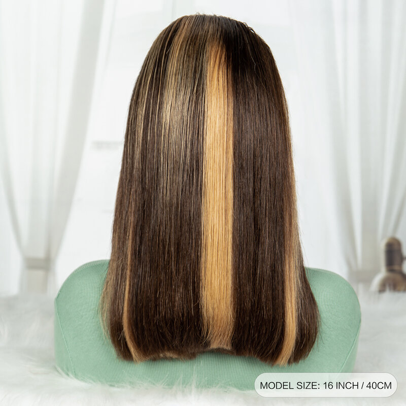 Peluca de cabello humano brasileño Remy, pelo corto y liso con encaje Frontal 13x4, 250% de densidad, 4/27 de resaltado