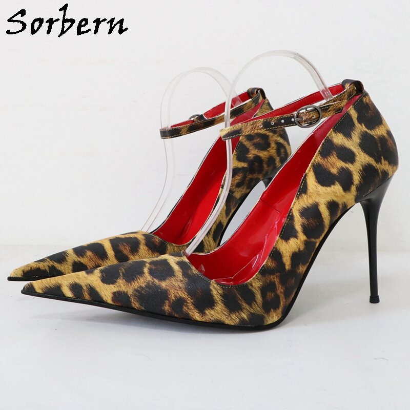 Sorbern leopardo apontado toe senhoras saltos altos 12cm stilettos aço salto alto tamanho 39 tiras de tornozelo transgirls noite club calçado