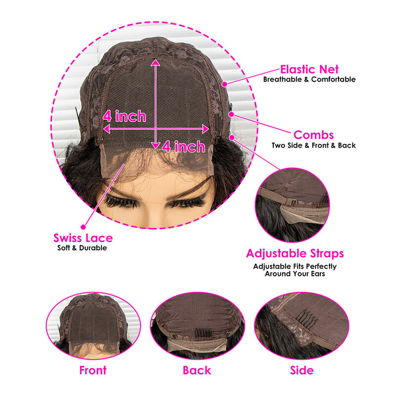 Peluca de cabello humano brasileño Remy, pelo corto y liso con cierre de encaje transparente, color marrón Chocolate, 200% de densidad
