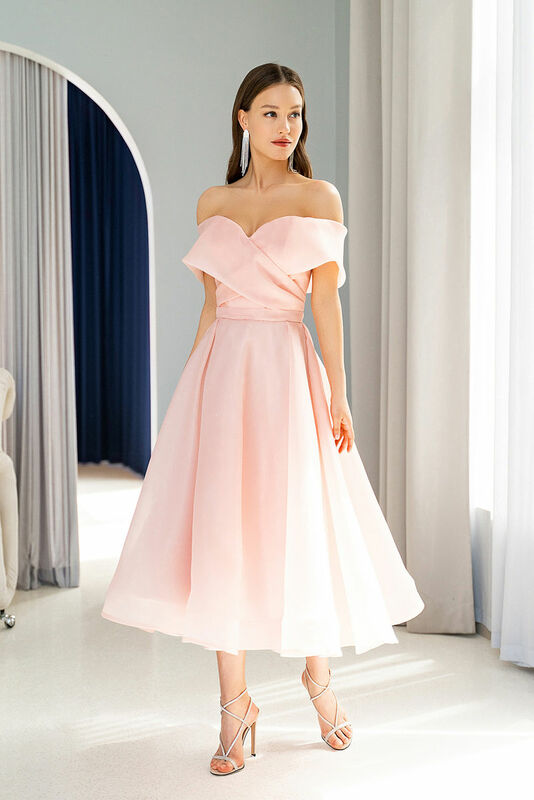 Vestido de dama de honra do ombro, V-Neck A Dress for Wedding, Tea Length, Vestido de festa formal, Champagne Tea Dress, 2024