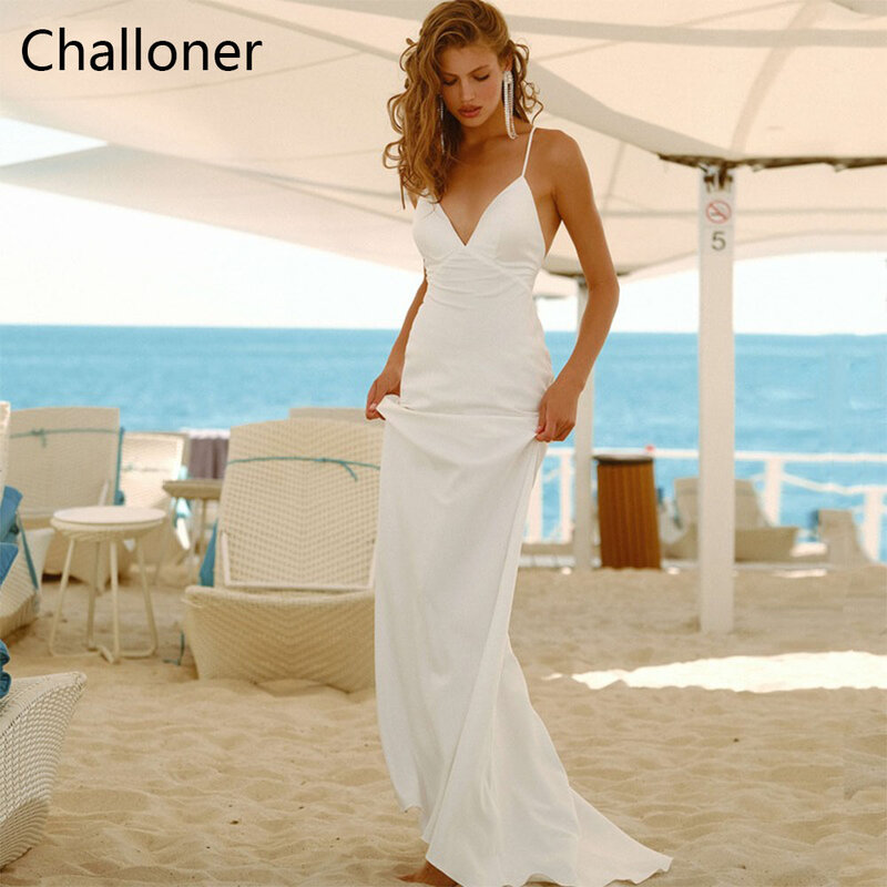 Challoner ชุดเดรสแต่งงานนางเงือกแบบเรียบง่ายเซ็กซี่เดรสสายเดี่ยวคอวีลึกเปิดหลังแขนกุดยาวถึงพื้นสำหรับเจ้าสาว