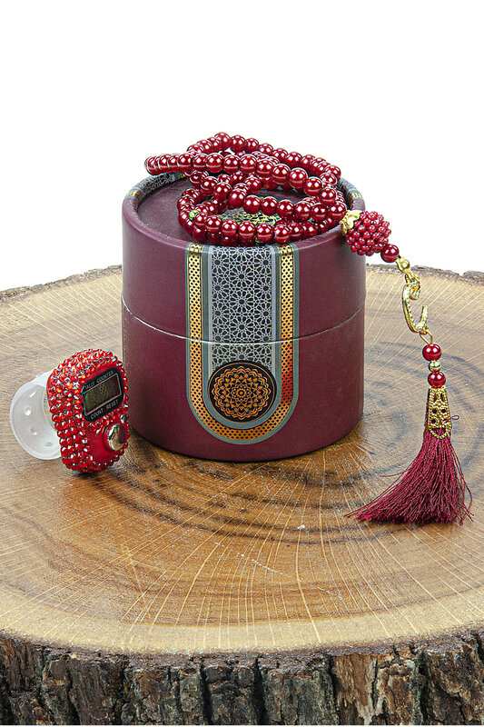3 Piece Cylinder Boxed Mevlüt Gift Set with Pearl Rosary, Stone and Chanting Machine Mevlüt Quran Prayer Kaaba Hajj Umrah Dowry