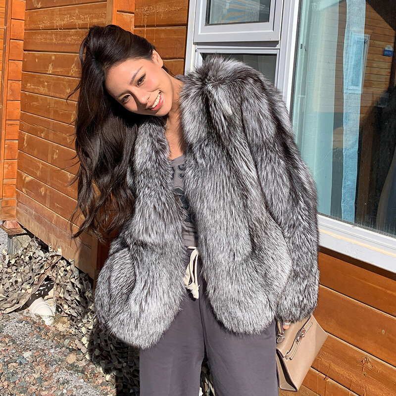 Real natural prata raposa casaco de pele alta qualidade genuíno inverno feminino luxo jaqueta manga longa