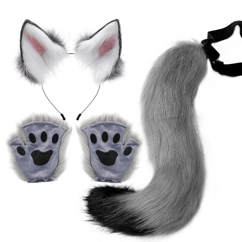 Lolita Simulation Beast Claw Plush Cat Halloween Prop Women Fox Furry Ears Tail Gloves Sets