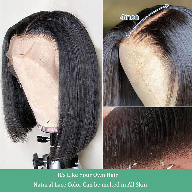 Peluca de cabello humano de 13x4 para mujer, postizo de encaje frontal transparente, corte Bob corto, prearrancado, 150 de densidad, 100%