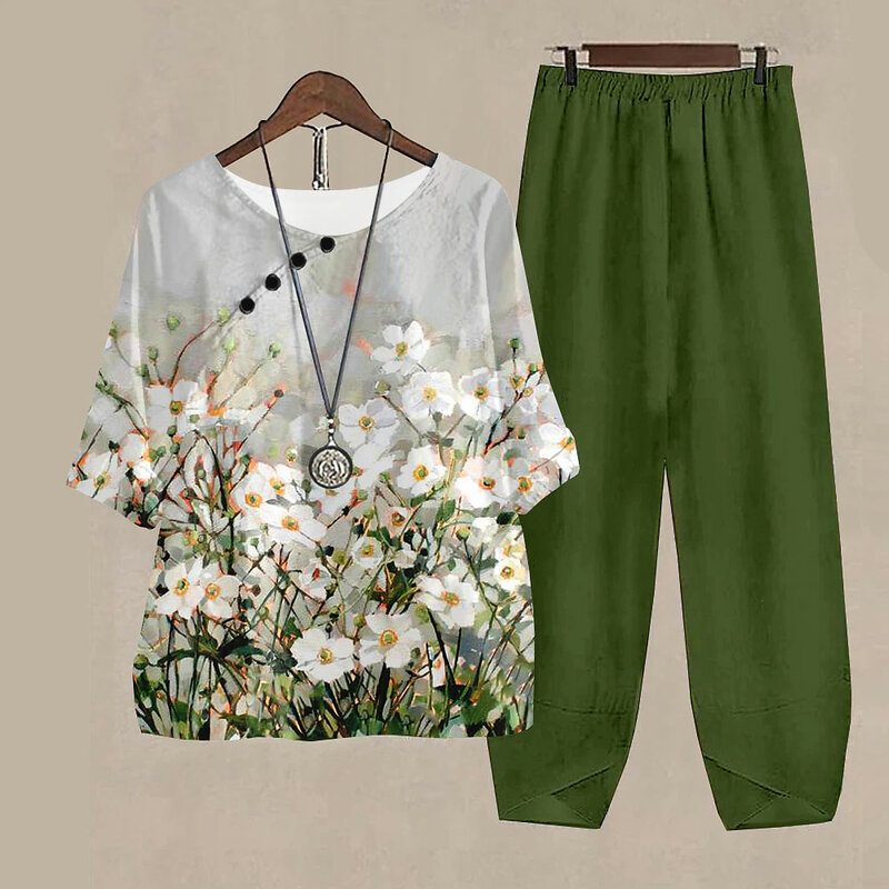 Traje de manga corta con cuello redondo para mujer, Conjunto elegante de dos piezas con estampado de flores, pantalones holgados de cintura alta, Tops de verano
